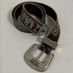 Leatherock Belt Buckle Textured Brown with Silver Rhinestone Embellishments